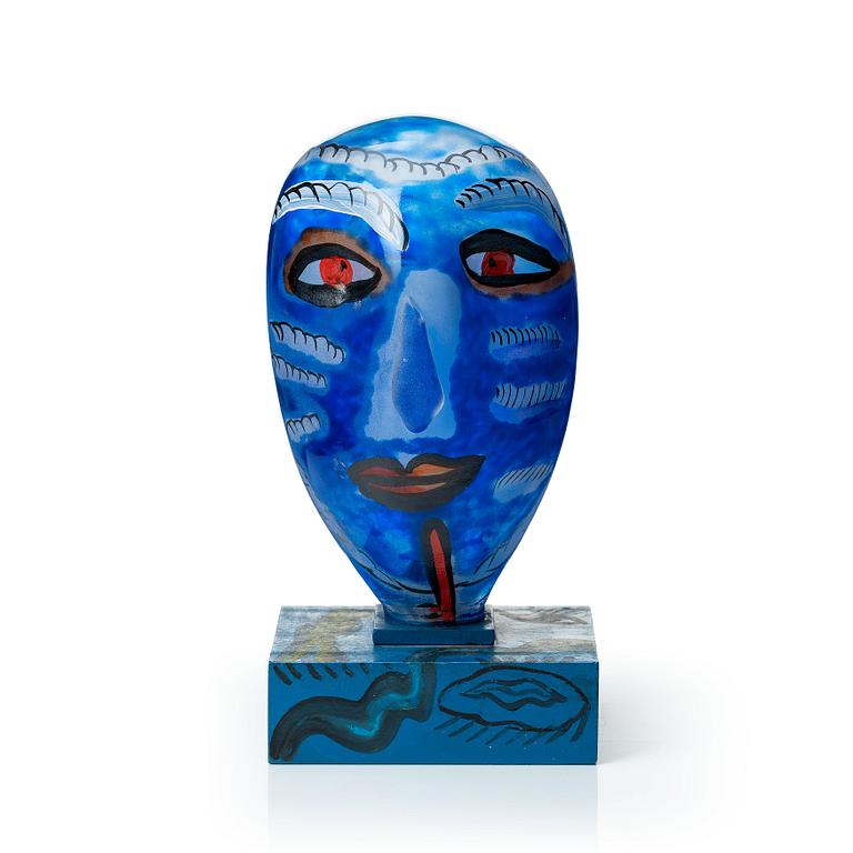 Ulrica Hydman-Vallien, a painted glass and iron sculpture of a face, Sweden.