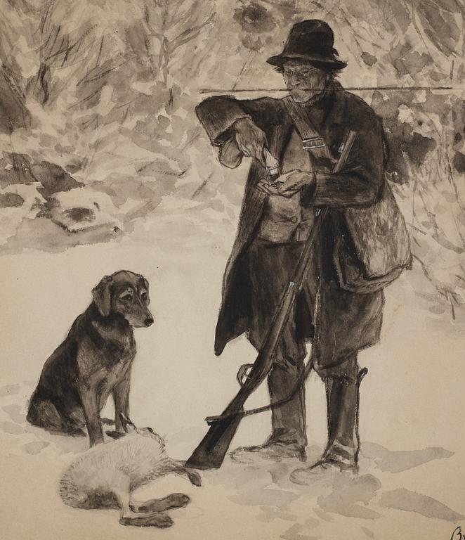 Bruno Liljefors, Winter scene with hunter.