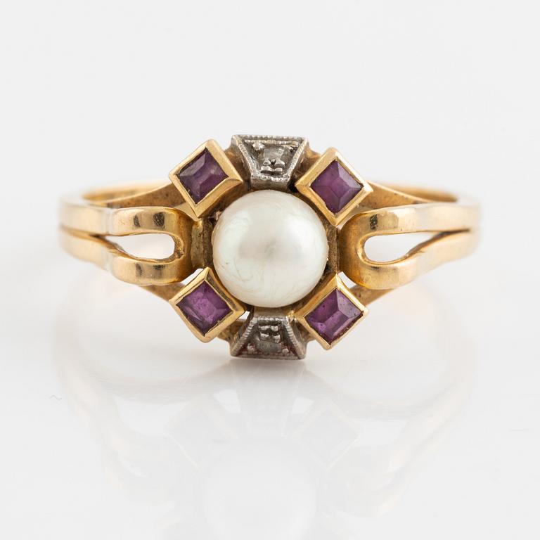 Gold, cultured pearl, rose cut diamond and ruby ring.