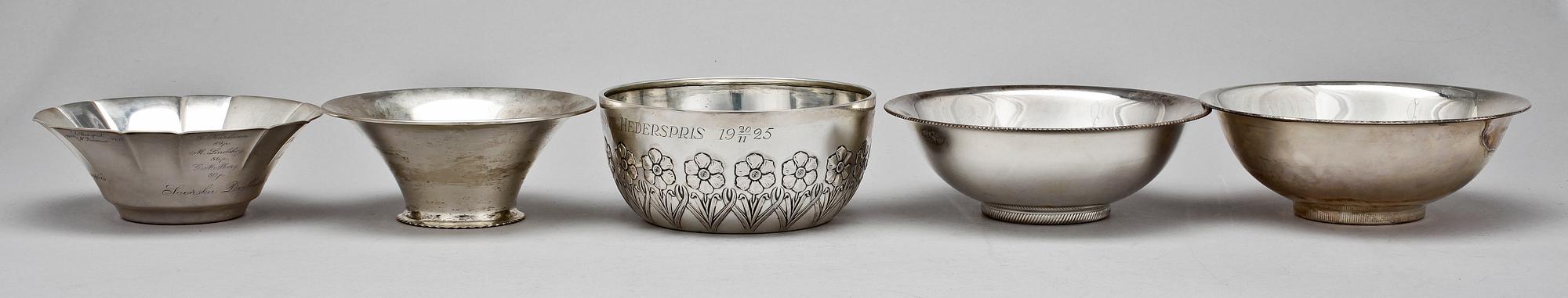 SKÅLAR, 5 st, silver, bl a GAB, 1900-tal. Totalvikt 781 g.