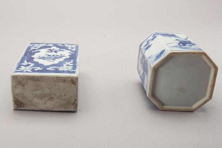 A set of two Chinese 19th century blue and white porcelain tea caddies.