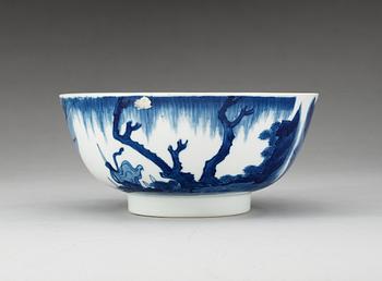 A blue and white bowl, Qing dynasty, with six character Ming mark.