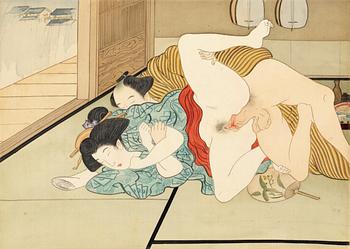 KONSTNÄR FRÅN UTAGAWA SKOLAN,
Shunga album, Japan, sen Edo (1603 - 1868) eller Meiji (1868-1912).
12 målningar på siden.