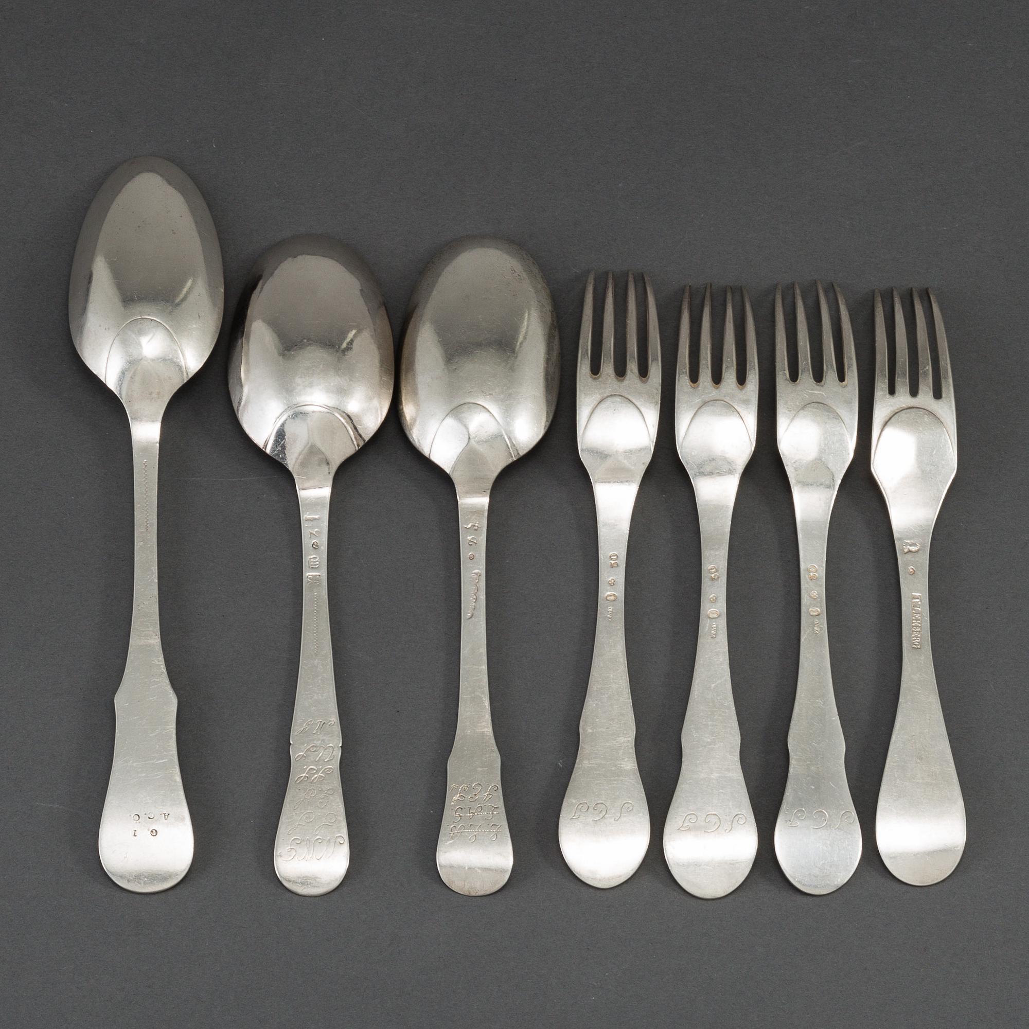 Three Swedish silver spoons and four (3+1) silver forks, marked Johan Wilhelm Zimmerman,  Stockholm 1796.