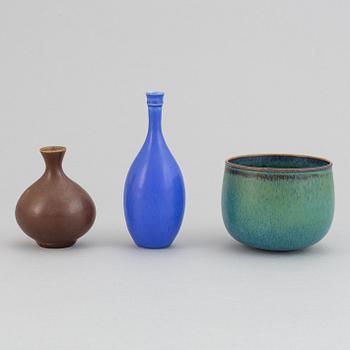 Stig Lindberg, a stoneware vase and a bowl and Berndt Friberg, a stoneware vase for Gustavsberg.