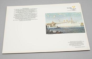 Memorabilia from the Swedish American Line, meny folders and postcards, 20th century.