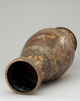 A Hjalmar Norrström etched and engraved patinated gilt copper vase, Stockholm 1904.