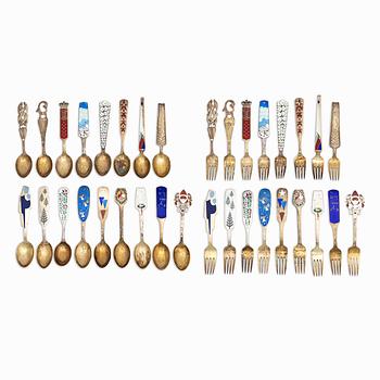 A set of sterling silver and enamel christmas cutlery, Michelsen, Denmark 1940s-1960s (34 pieces).