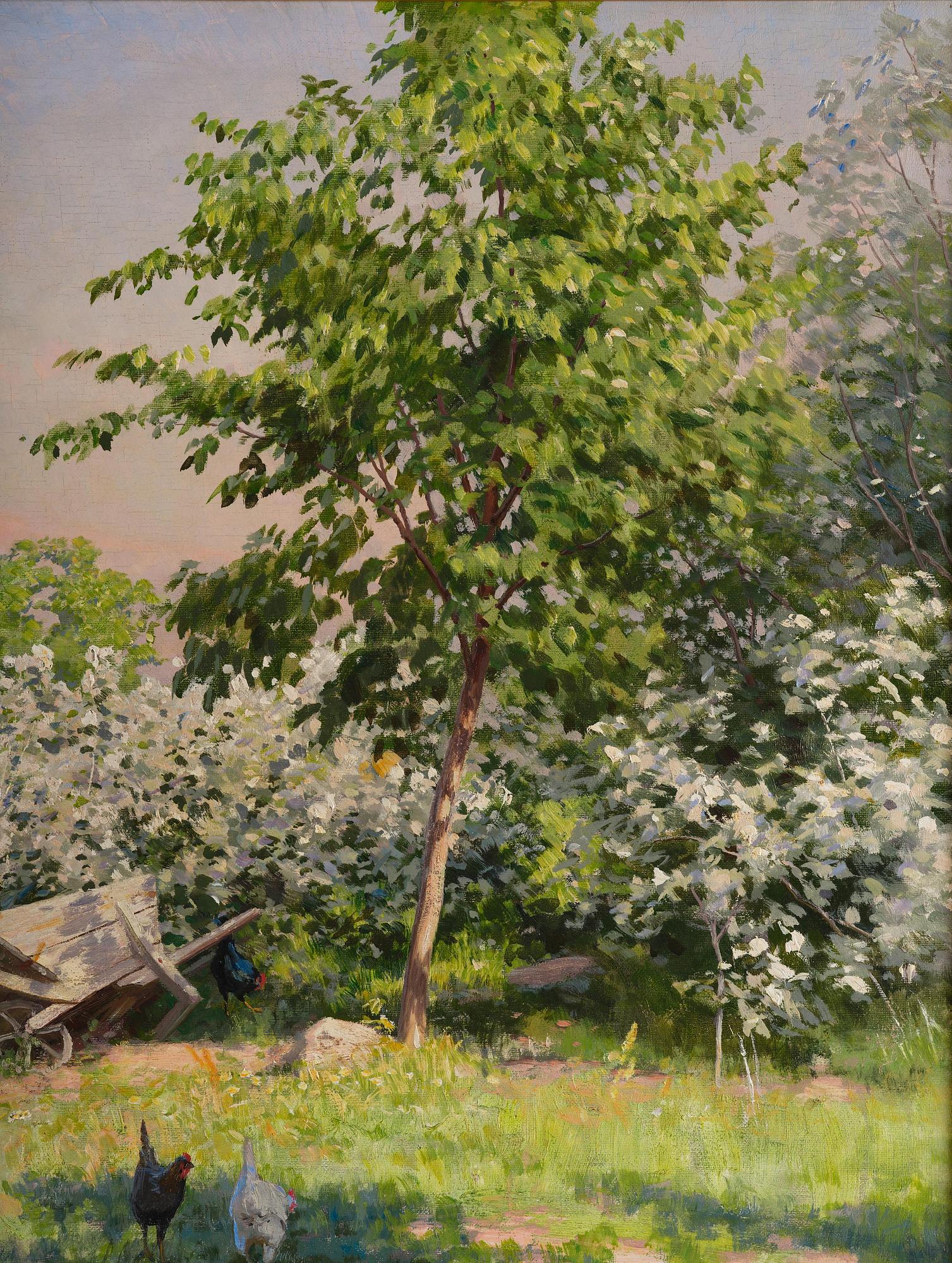 Johan Krouthén, Summer landscape with pecking hens and a wheelbarrow.