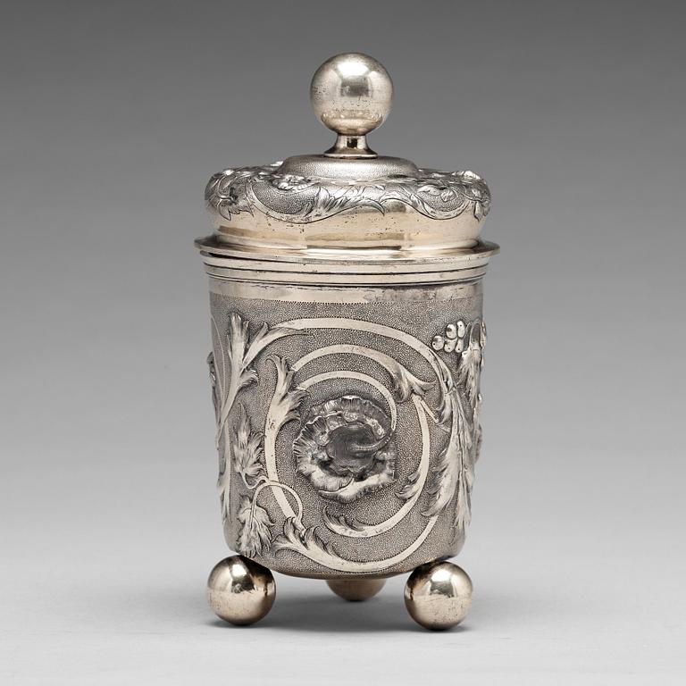 A Russian 19th century parcel-gilt silver beaker and cover, Moscow 1857.