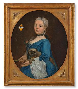 399. Unknown artist, 19th century, Noblewoman with a Dog, coat of arms featuring three hearts and a double-headed eagle.