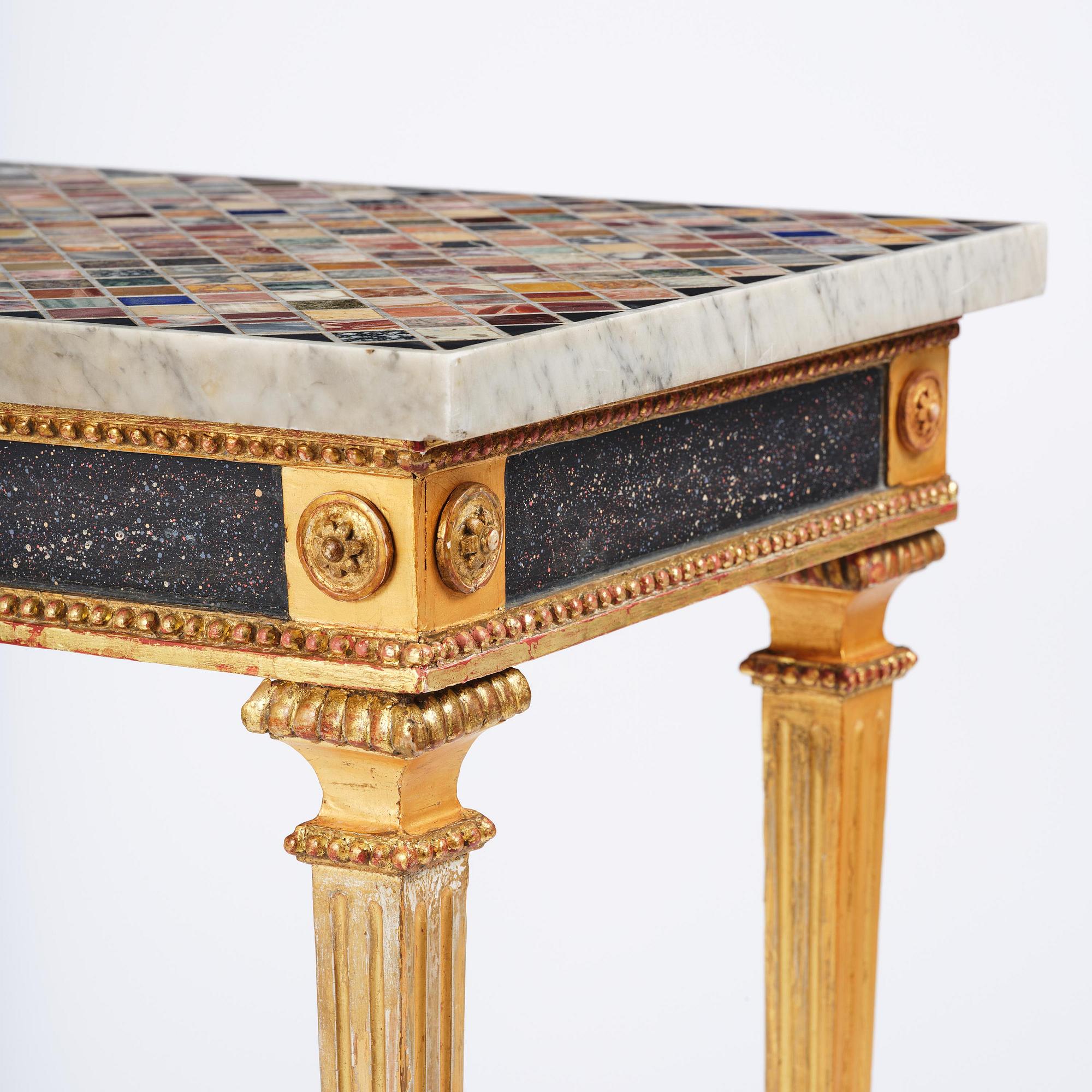 A late Gustavian giltwood console table with an Italian specimen-marble top , Stockholm, late 18th century.