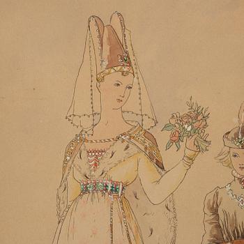 Elisabeth Sonrel, Dame de la Cour avec un bouquet de fleurs et son jeune serviteur.