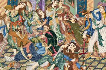 A carpet, figural Tabriz, part silk, ca 197 x 299 cm.