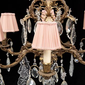 A brass and glass chandelier.