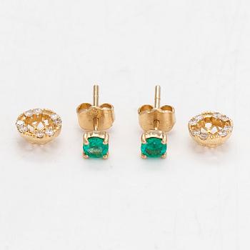 A pair of earrings and a chain ca 18K gold, and a pendant ca 14K gold with emeralds and diamonds ca 0.24 ct in total.