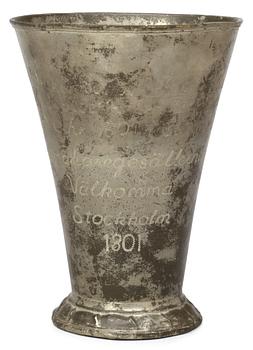A Swedish pewter goblet made for the Stockholm hat makers journeyman's guild, by Israel Buhrman 1801.