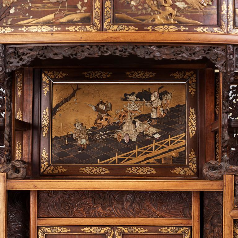 A Japanese black and gilt lacquer, mother of pearl and bone inlaid hardwood Shodona, Edo period.