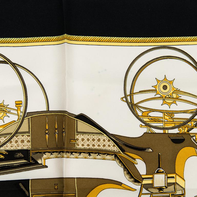 Hermès, Two silk scarves, 'Les Voitures a Transformation' and 'Les Clefs'.