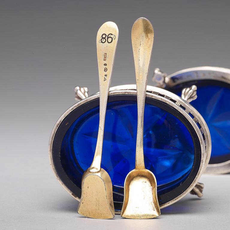 A pair of Swedish 18th century silver and blue glass salt cellars, mark of Pehr Zethelius, Stockholm 1791.