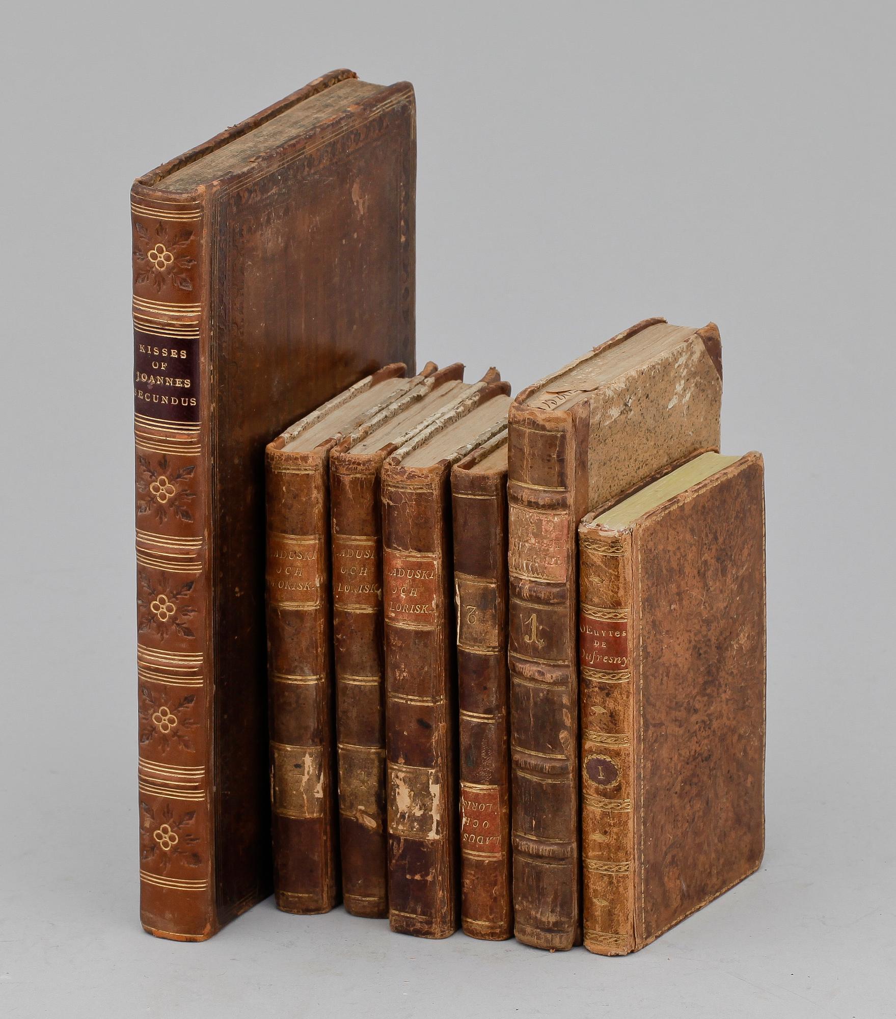PARTI BÖCKER, 7 st, skönlitteratur och lyrik, bla "The Kisses" av Johannes Secundus, tredje upplagan, London 1778.