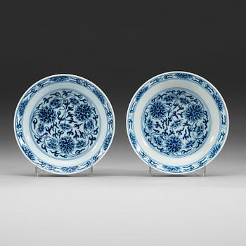 124. A pair of blue and white lotus dishes, Qing dynasty, Guangxu mark and period (1874-1908).