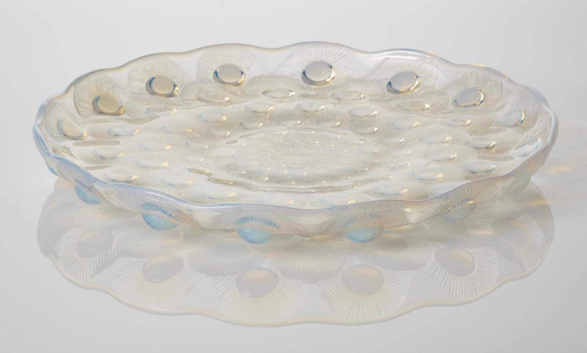 A René Lalique "Plumes de Paon", opalescent glass charger, France 1937-47.