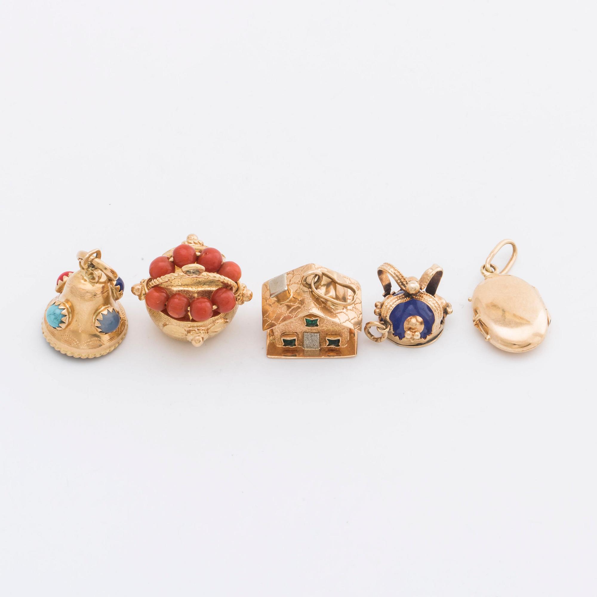5 CHARMS 18K and 14K gold, blue, red, green stones.