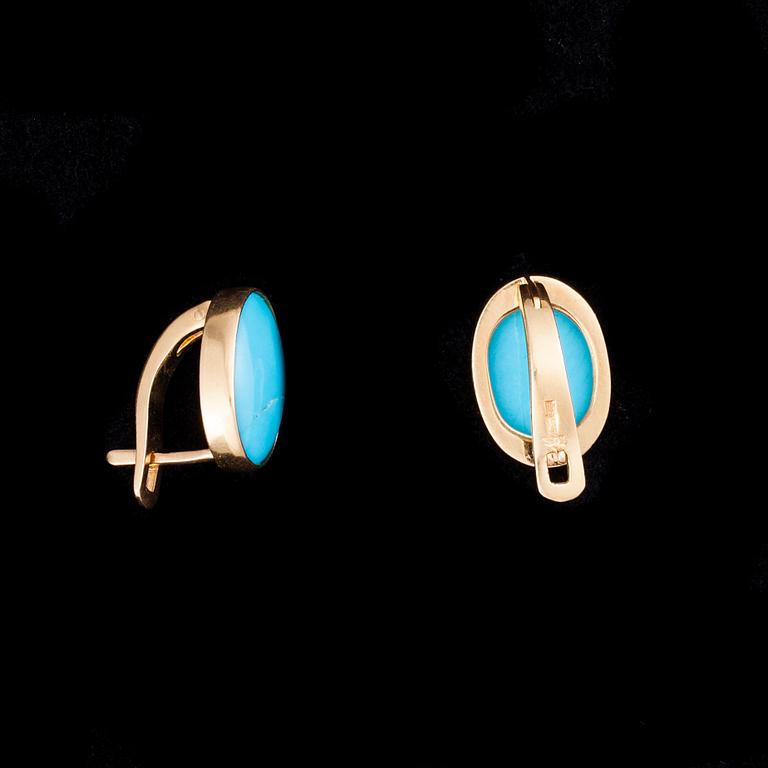 KORVAKORUT, 14K kultaa, turkoosit. Paino n. 4,9 g.