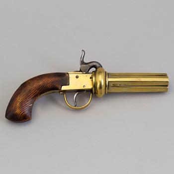 A second half of the 19th century four-barrel Swedish brass percussion revolver.