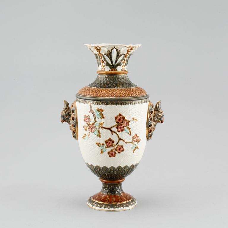 A majolica vase, a flower pot and a jardiniere from Rörstrand, around the year 1900.