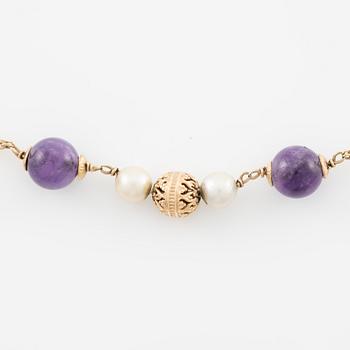 Necklace 14K gold with pearls and amethysts, Austria, Vienna.