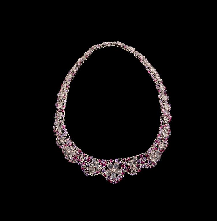 A NECKLACE,  rose quartz, amethyst, tourmaline and brilliant cut diamonds c. 3.28 ct. Weight 113 g.