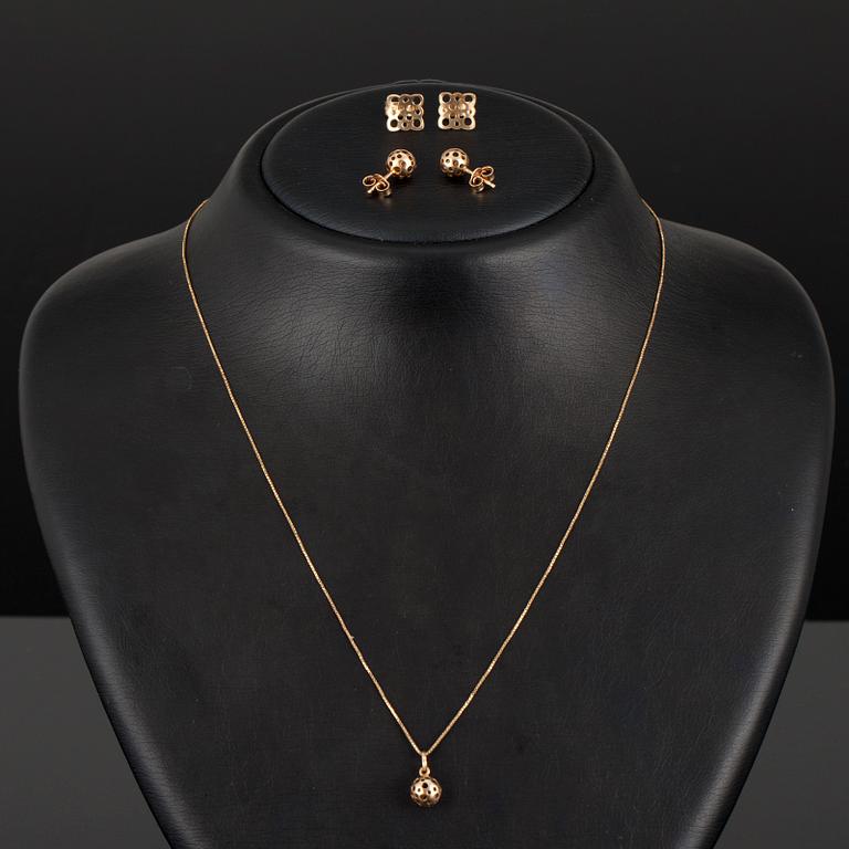 HÄNGSMYCKE, 2 par ÖRHÄNGEN, guld 14K, Liisa Vitali, N. Westerback 1973. Vikt 4,1 g.
