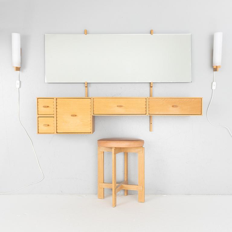 Uno & Östen Kristiansson, wall-mounted dressing table with wall lamps and stool, Luxus, 1960s.