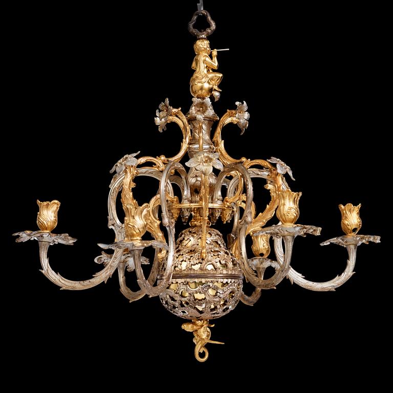 Carl Edberg's Masterpiece, a Swedish rococo silvered and gilt-brass six-light chandelier, circa 1755.