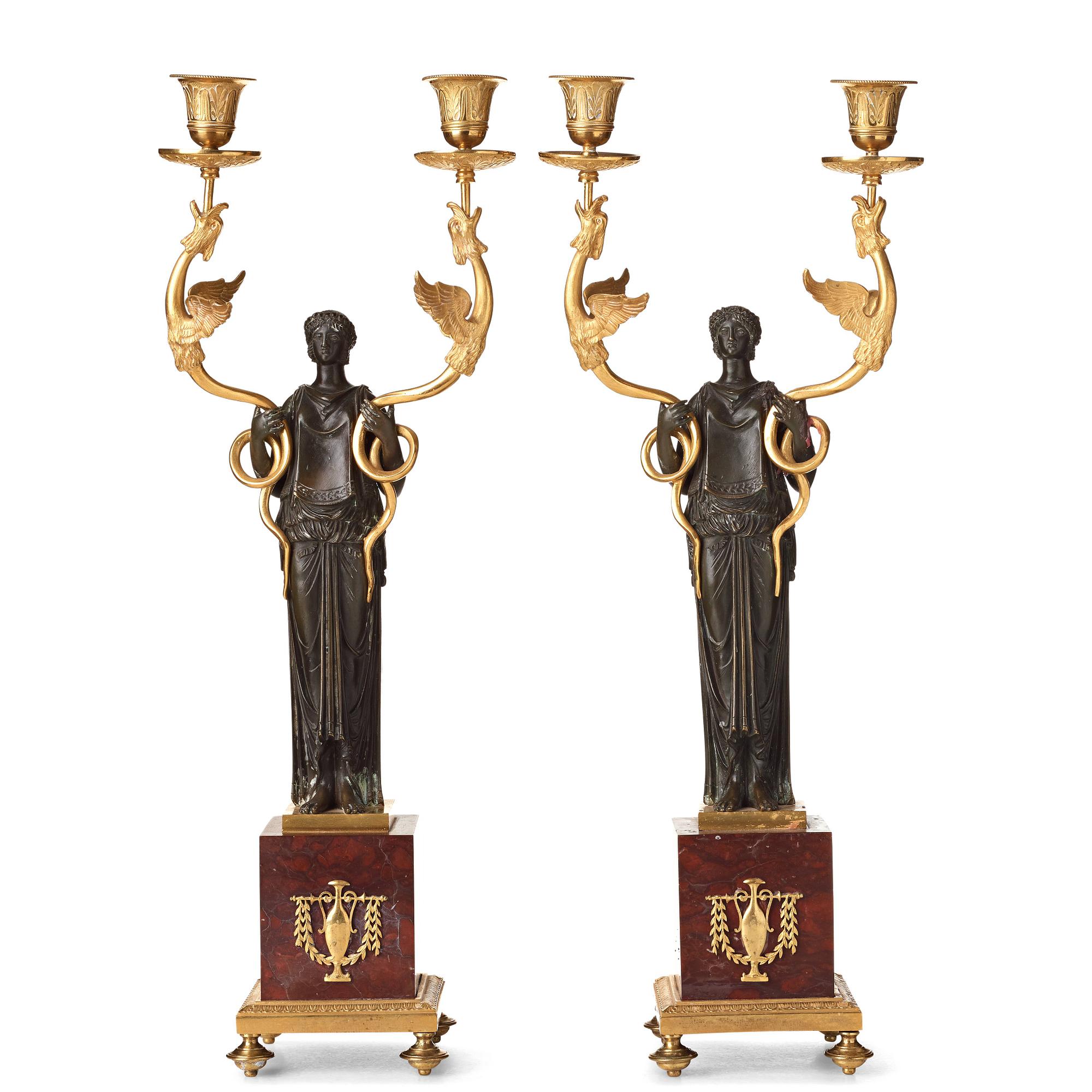 A pair of French Empire two-light candelabra, beginning of the 19th century.