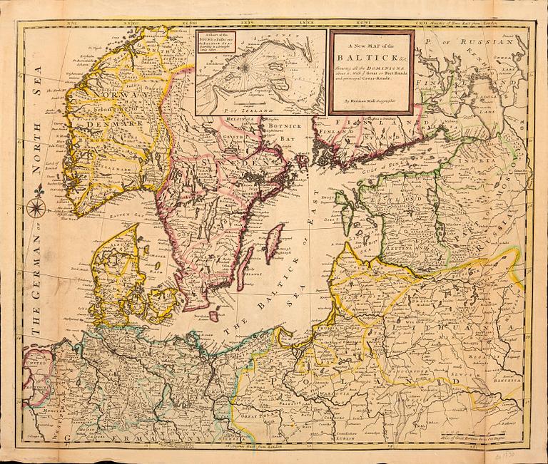 Herman Moll, map of the Baltic Sea, hand colored coper engraving, London c 1730.