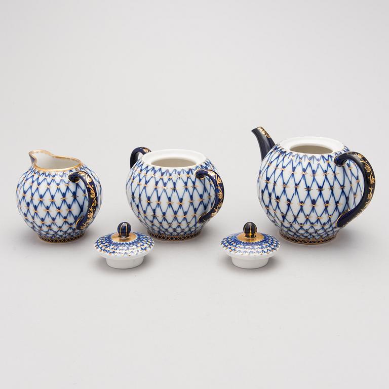 A 9-piece 'Cobalt net' porcelain tea set from Lomonosov, USSR.