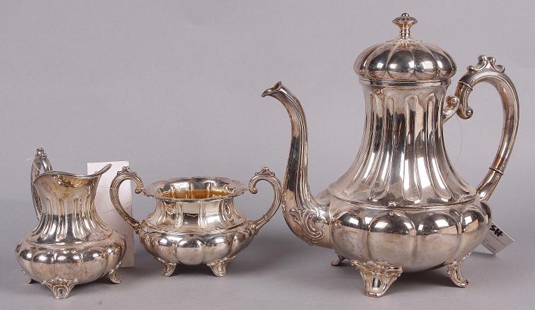 KAFFESERVIS, 3 delar, silver, rokokostil, 1900-tal.