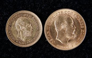 GULDMYNT, 2 st, 5 kr 1894, 10 kr 1901. Sverige. Tot 6 g.