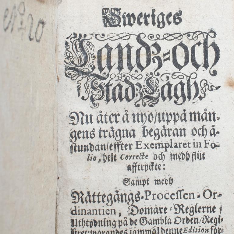 LAGBOK, "Sweriges Lands och Stads Lagh...", Stockholm 1692.