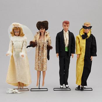 BARBIEDOCKOR, 4 st, samt accessoarer, Mattel, 1960-tal.