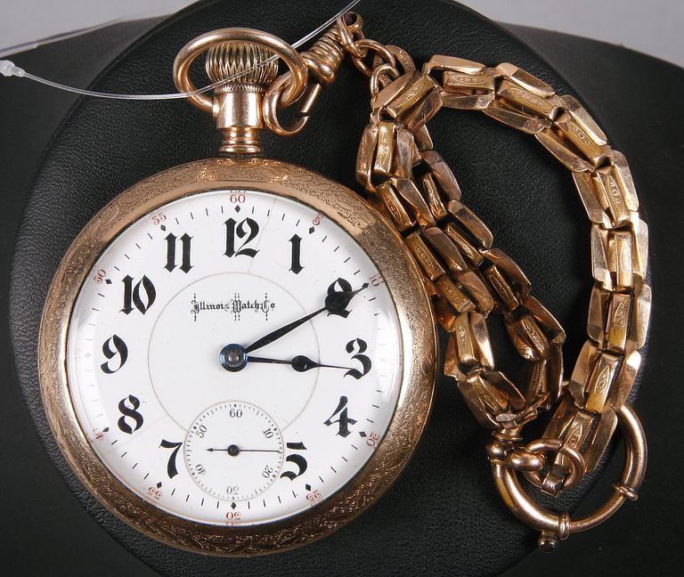 HERRFICKUR SAMT KEDJA, gulddoublé, Illinois Watch, Springfield, USA. Tidigt 1900-tal.