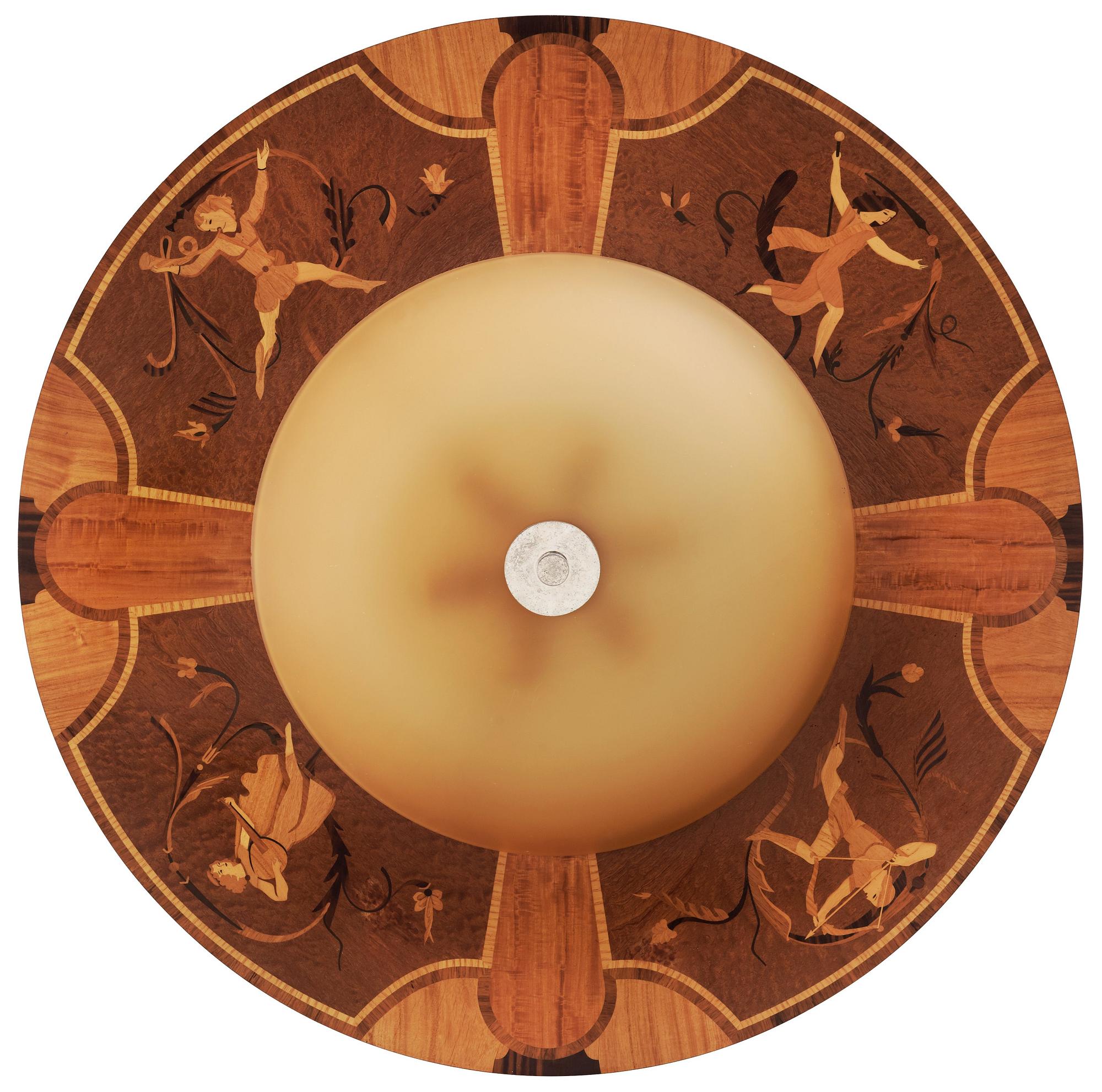 A Birger Ekman intarsia ceiling lamp with yellow shade, Mjölby Intarsia 1939.