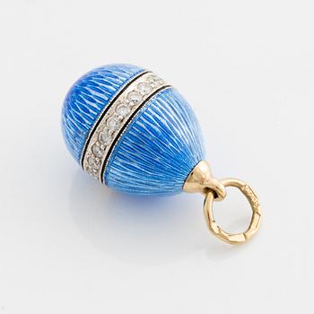 W.A Bolin, smyckeägg, med blå och svart emalj och gördel med briljantslipade diamanter.