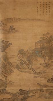 320. A hanging scroll of a river scenery in the style of Tang Yin (1470-1524), Qing Dynasty, presumably 18/19th Century.