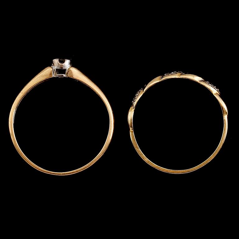 RINGAR, 2 st, 18 k guld och diamanter. Vikt ca 4 g.
