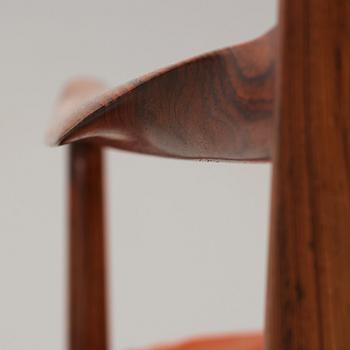 Ib Kofod-Larsen, a pair of "Samsö" palisander and brown leather easy chairs, Olof Persons Fåtöljindustri (OPE) Sweden 1960's.