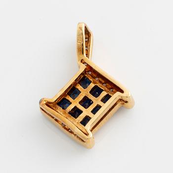 Pendant, gold, sapphires, and small brilliant-cut diamonds.